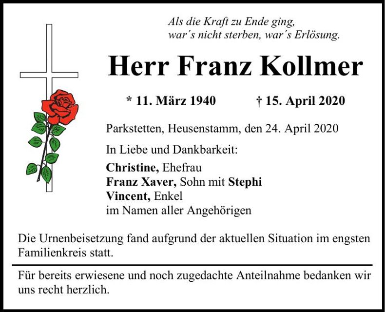 Traueranzeige Franz Kollmer