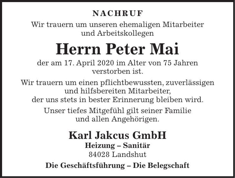 Traueranzeige Peter Mai