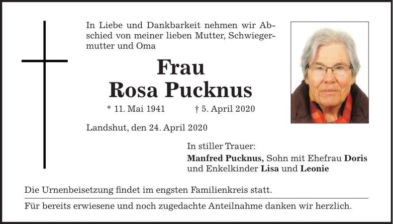 Traueranzeige Rosa Pucknus