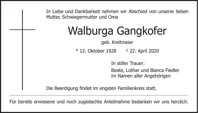 Traueranzeige Walburga Gangkofer