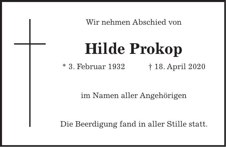 Traueranzeige Hilde Prokop