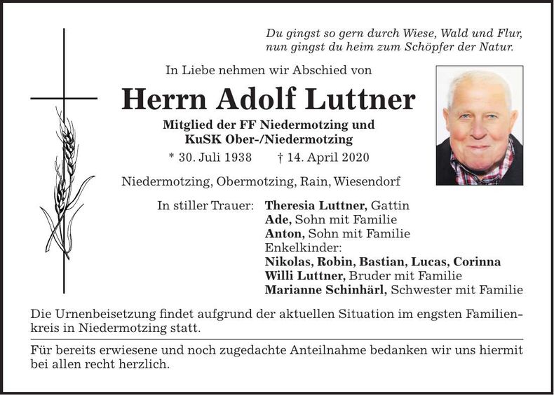 Traueranzeige Adolf Luttner