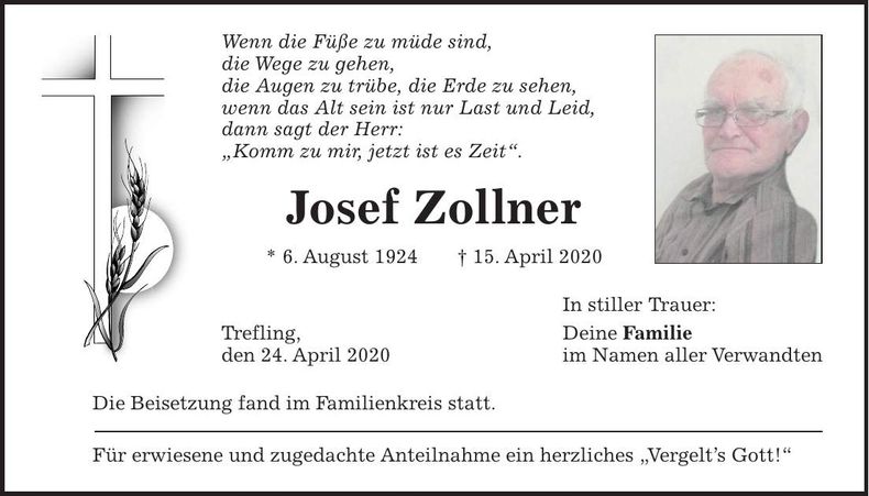 Traueranzeige Josef Zollner
