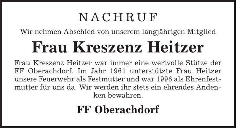 Traueranzeige Kreszenz Heitzer
