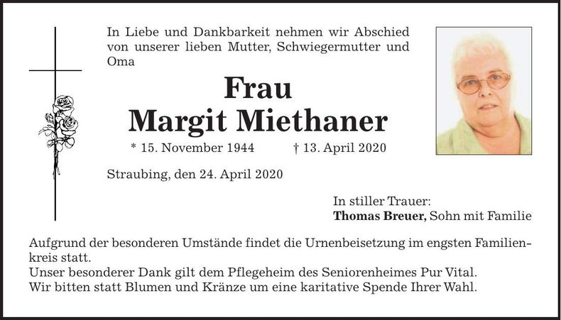 Traueranzeige Margit Miethaner