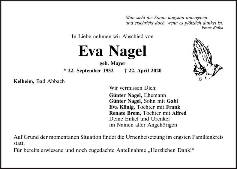 Traueranzeige Eva Nagel