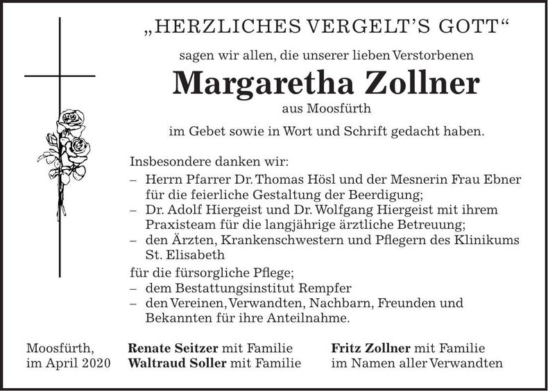 Traueranzeige Margaretha Zollner