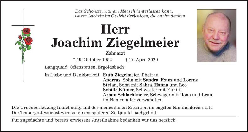 Traueranzeige Joachim Ziegelmeier