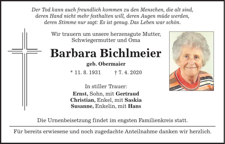 Traueranzeige Barbara Bichlmeier