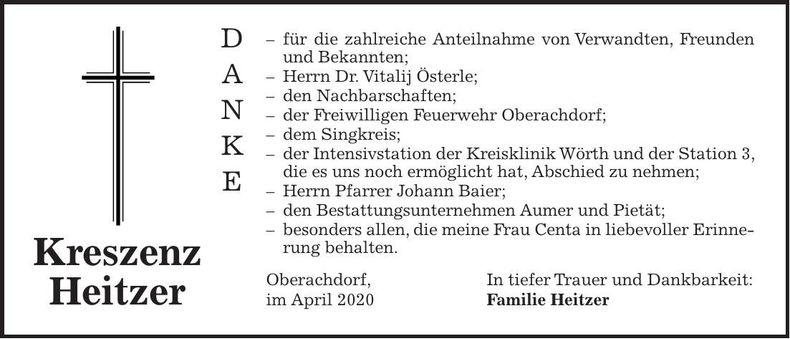 Traueranzeige Kreszenz Heitzer