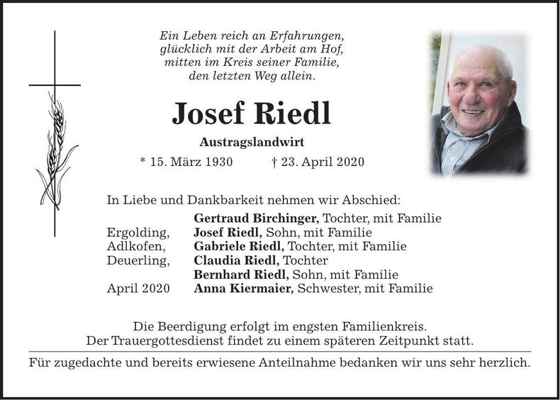 Traueranzeige Josef Riedl