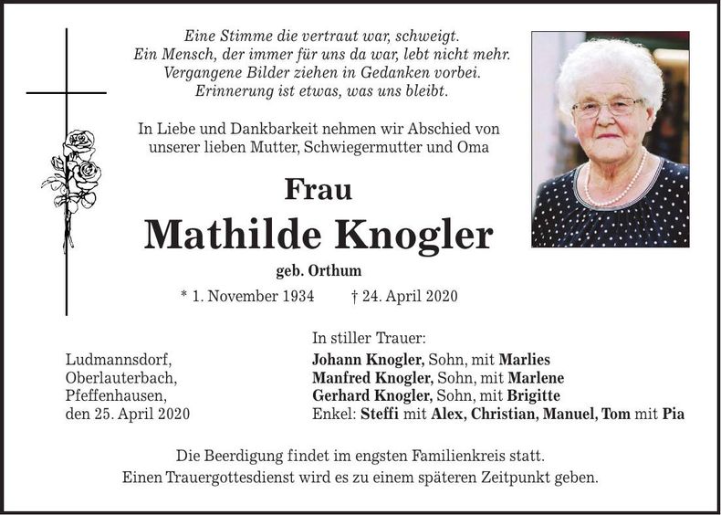 Traueranzeige Mathilde Knogler