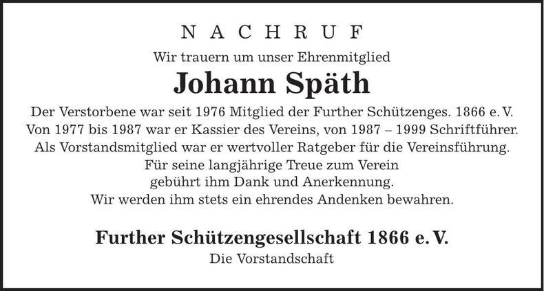 Traueranzeige Johann Späth