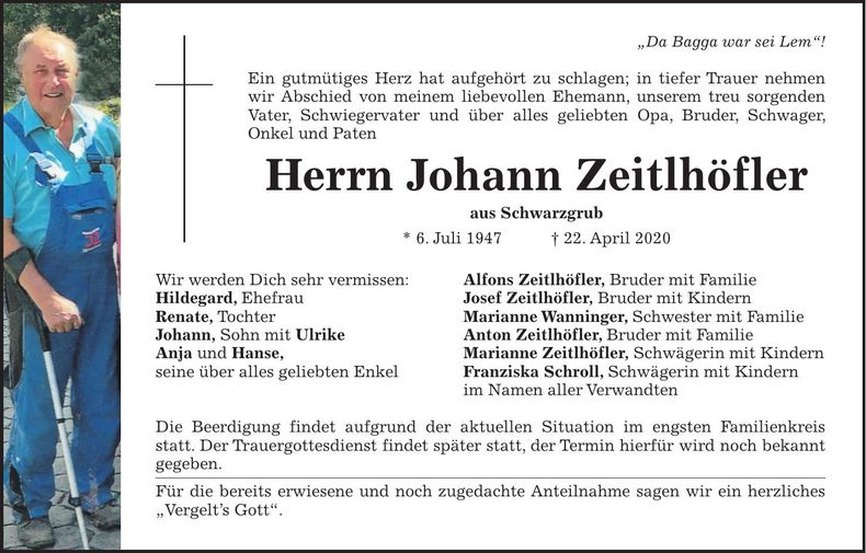 Traueranzeige Johann Zeitlhöfler