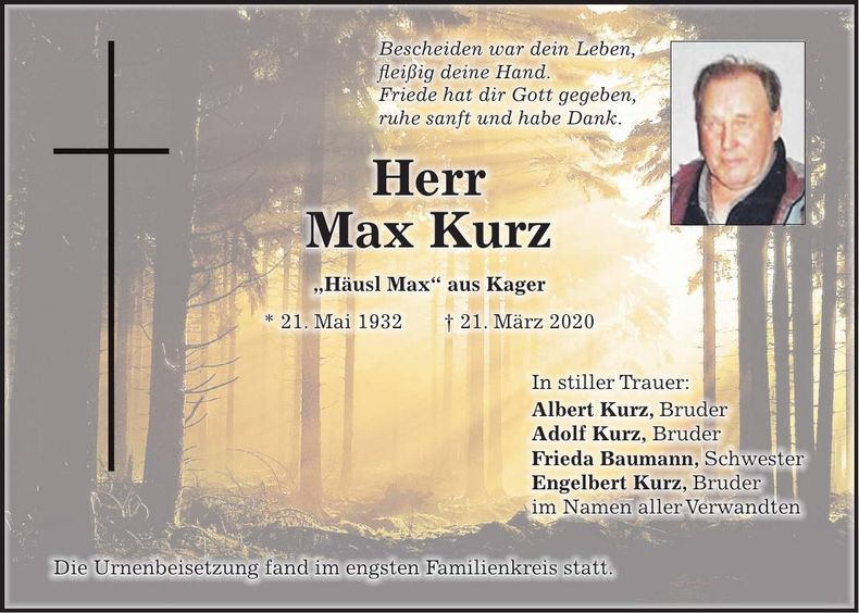 Traueranzeige Max Kurz
