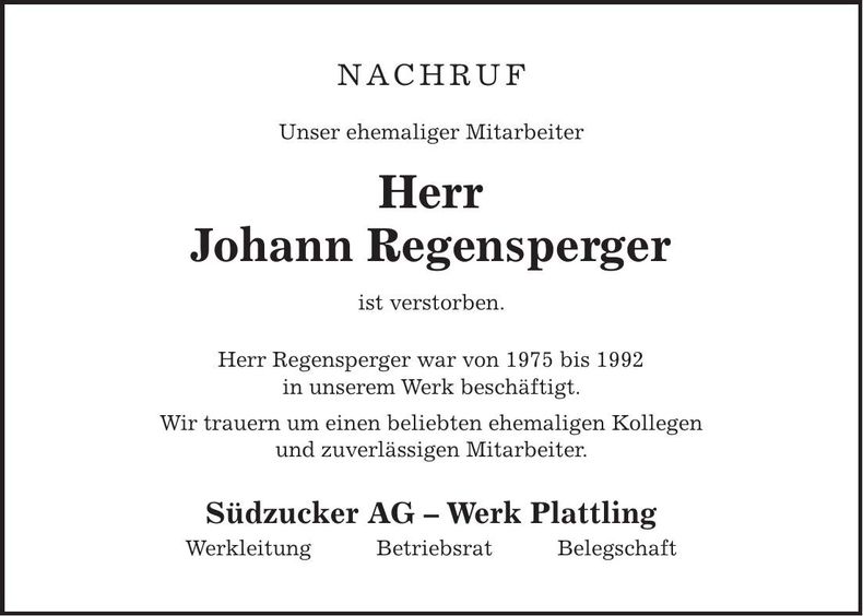 Traueranzeige Johann Regensperger