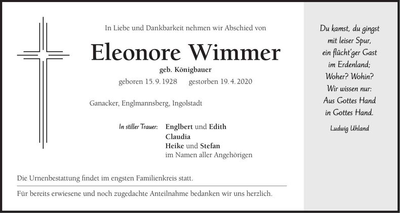 Traueranzeige Eleonore Wimmer