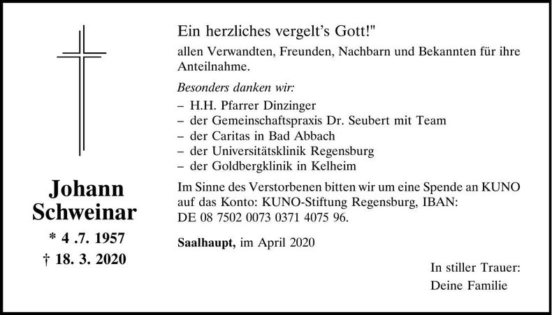 Traueranzeige Johann Schweinar