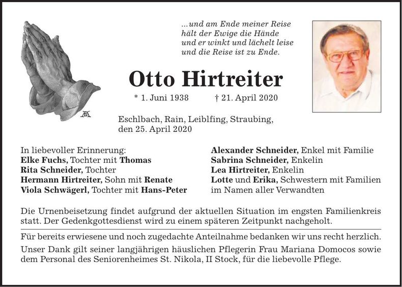 Traueranzeige Otto Hirtreiter