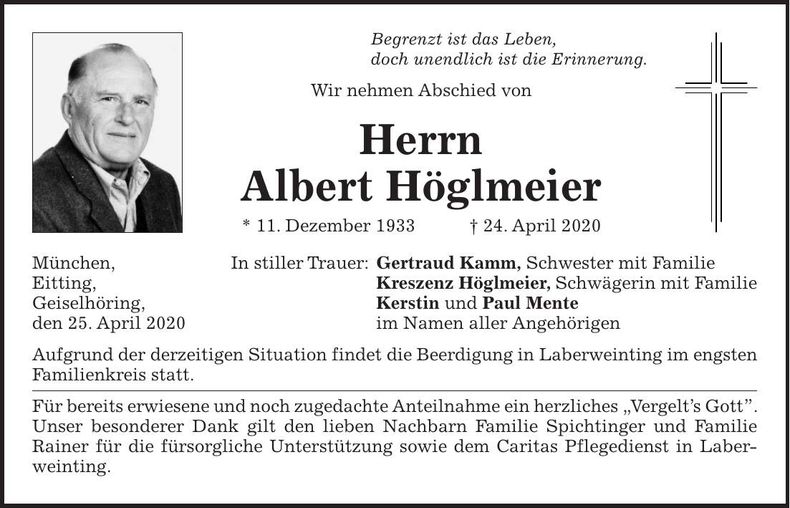 Traueranzeige Albert Höglmeier