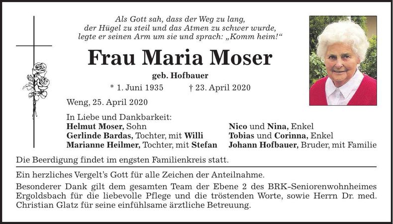 Traueranzeige Maria Moser