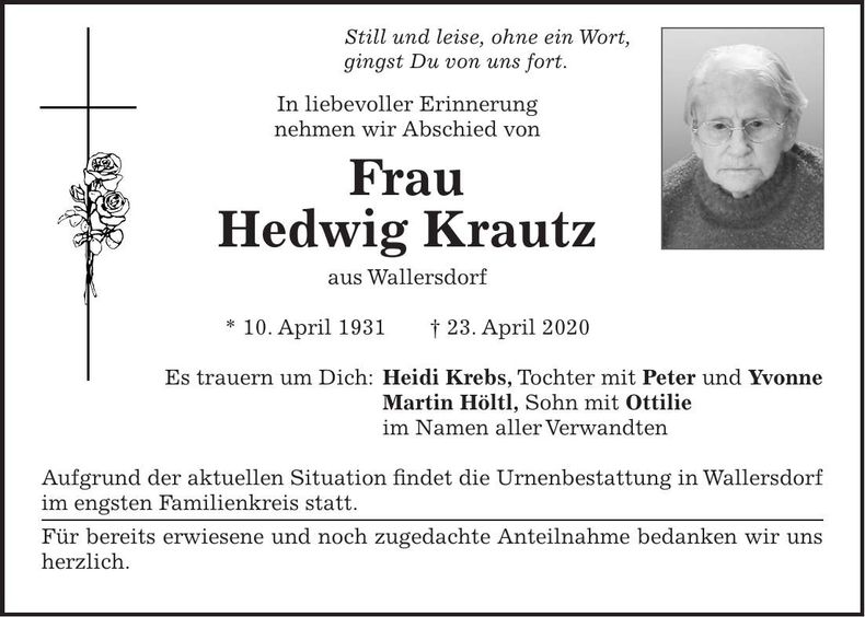 Traueranzeige Hedwig Krautz