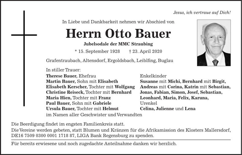 Traueranzeige Otto Bauer