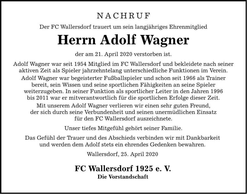 Traueranzeige Adolf Wagner