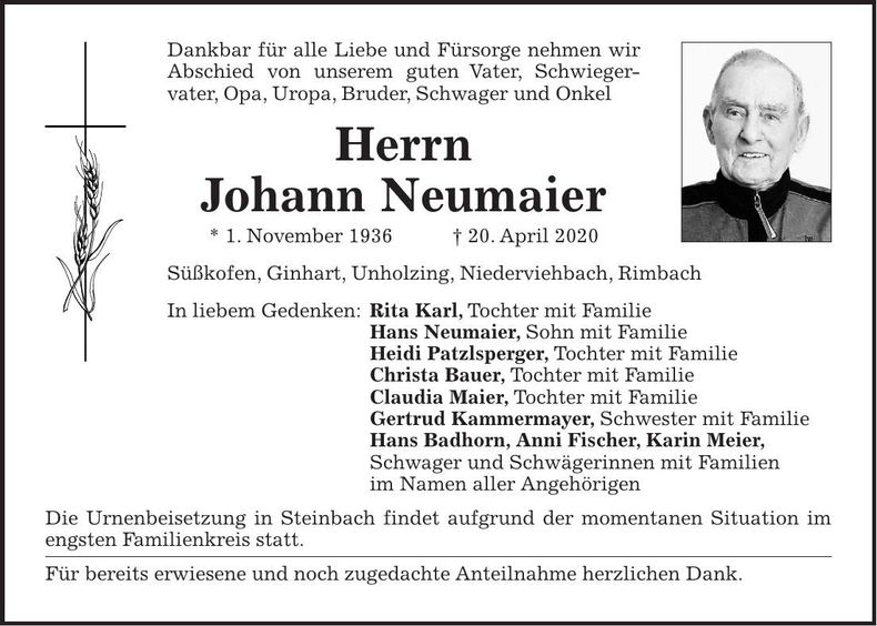 Traueranzeige Johann Neumaier