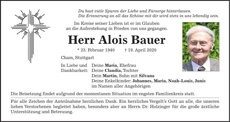 Traueranzeige Alois Bauer