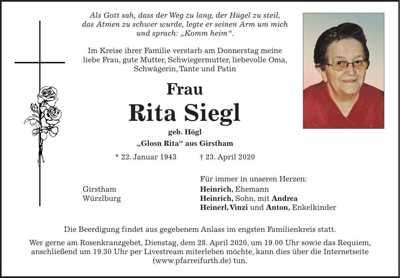 Traueranzeige Rita Siegl