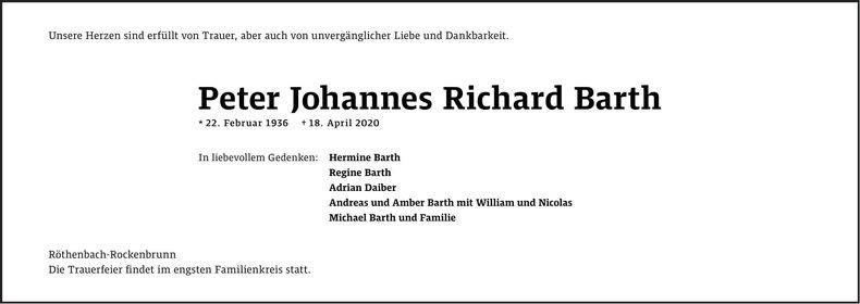 Traueranzeige Peter Johannes Richard Barth