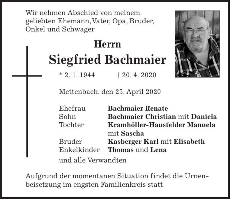 Traueranzeige Siegfried Bachmaier