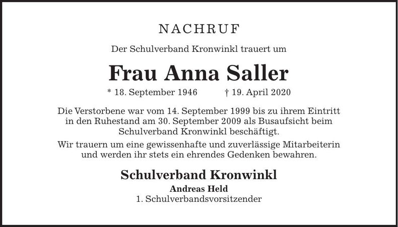 Traueranzeige Anna Saller