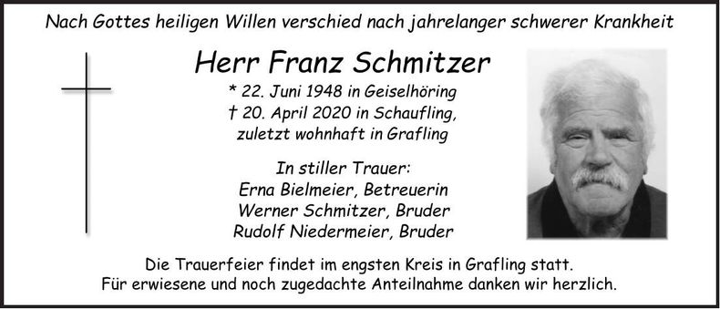 Traueranzeige Franz Schmitzer