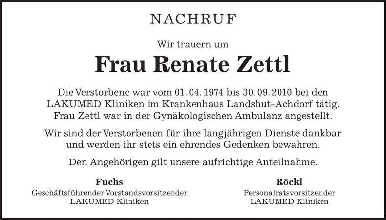 Traueranzeige Renate Zettl