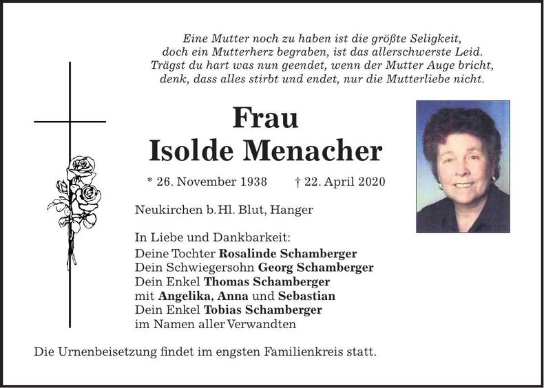 Traueranzeige Isolde Menacher