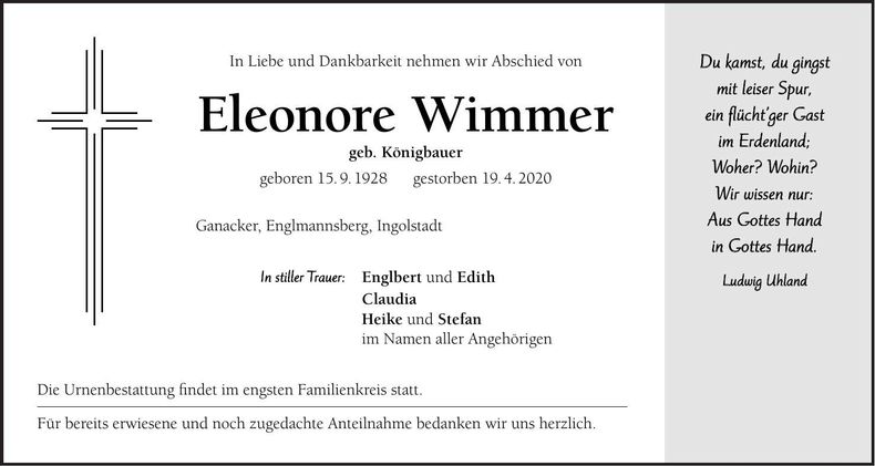 Traueranzeige Eleonore Wimmer