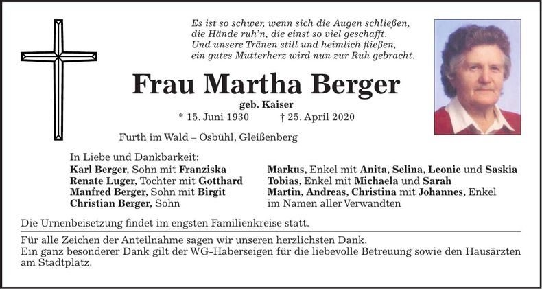 Traueranzeige Martha Berger