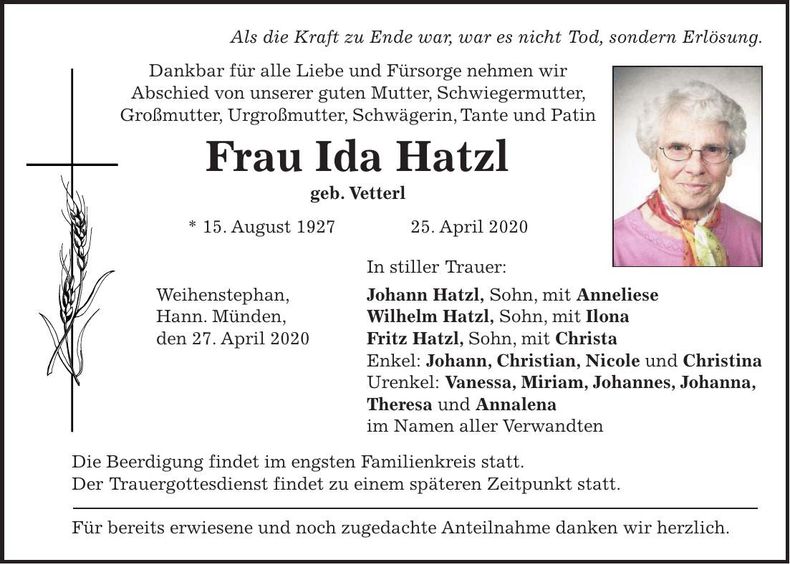 Traueranzeige Ida Hatzl