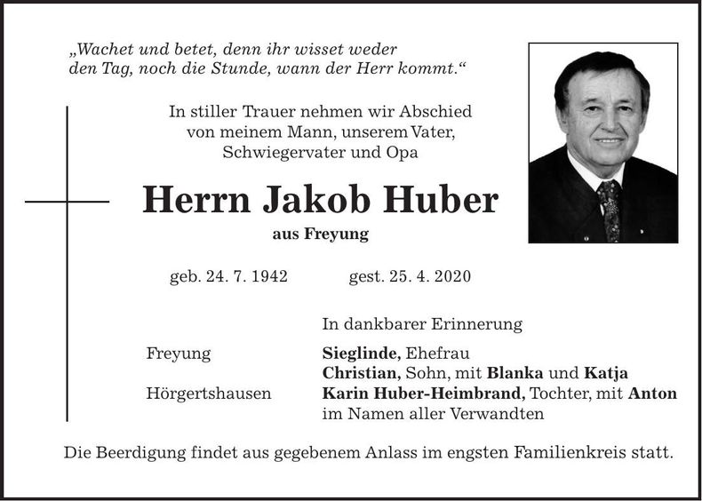 Traueranzeige Jakob Huber