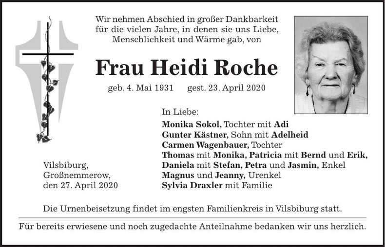 Traueranzeige Heidi Roche