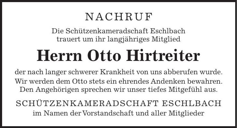Traueranzeige Otto Hirtreiter