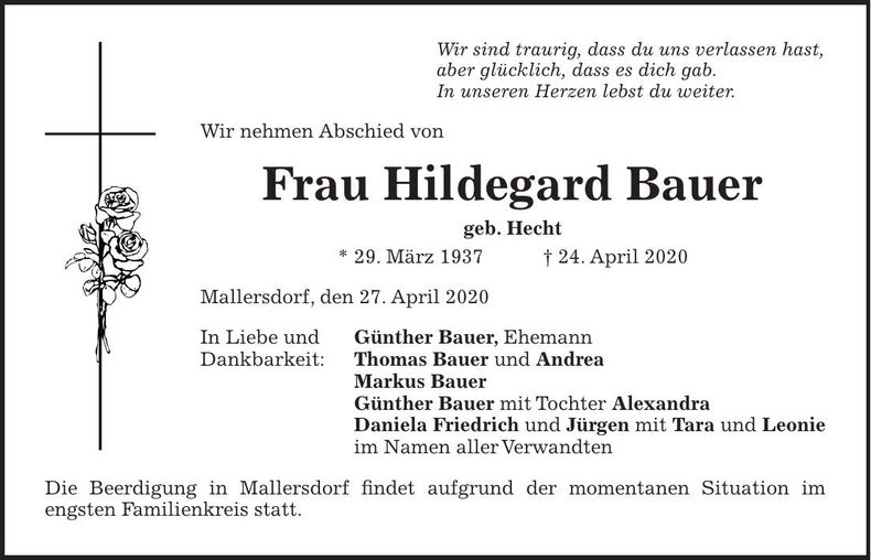 Traueranzeige Hildegard Bauer