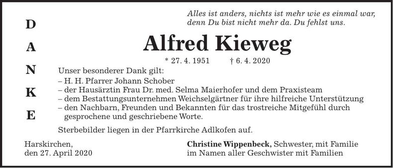 Traueranzeige Alfred Kieweg