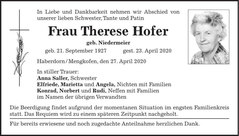 Traueranzeige Therese Hofer