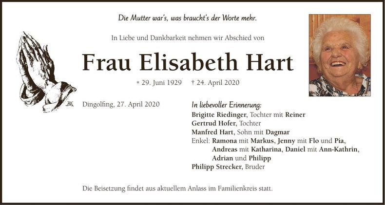 Traueranzeige Elisabeth Hart