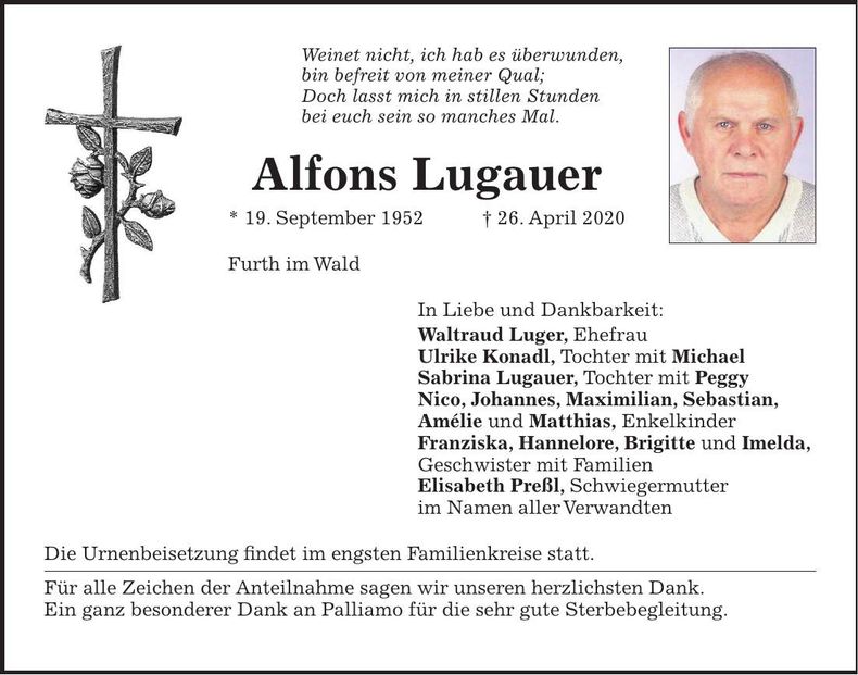 Traueranzeige Alfons Lugauer