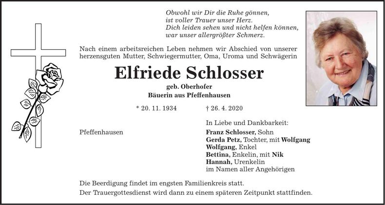 Traueranzeige Elfriede Schlosser