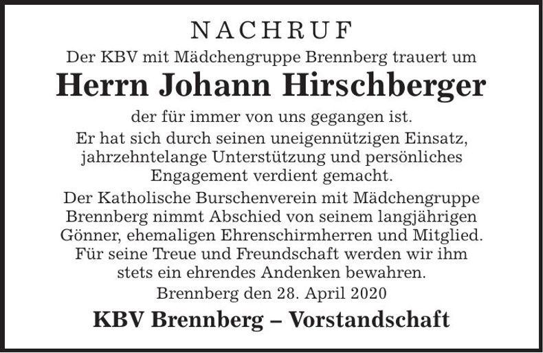 Traueranzeige Johann Hirschberger